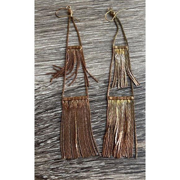 Vintage Copper Rose Gold Long Tassle Multi Start and Dangle Earrings White Stone - Picture 5 of 8